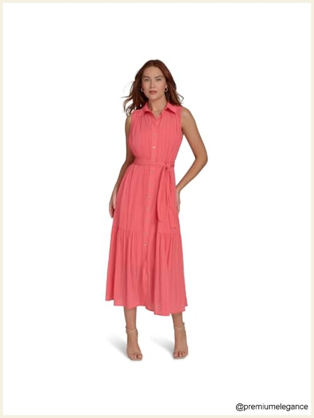 Sleeveless Midi Shirt Dress with Collar - Lightweight Polyester Casual